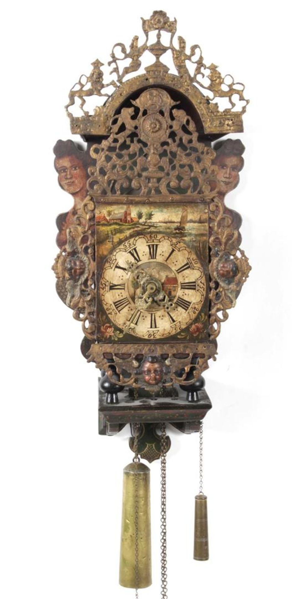 Antique Frisian chair clock, painted dial flanked by mermaids and cherubs