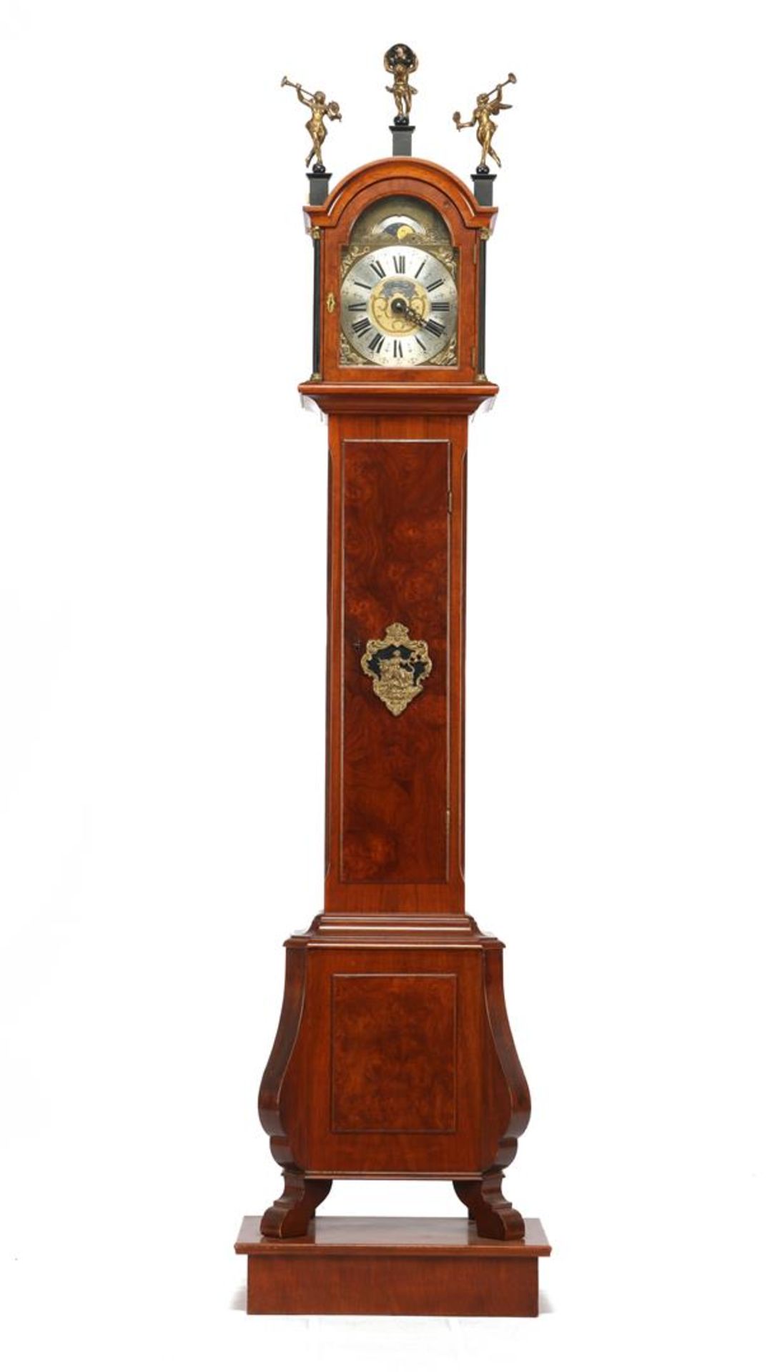 Warmink grandfather clock with moon phase & nbsp; in burr walnut case, standing on loose & nbsp;