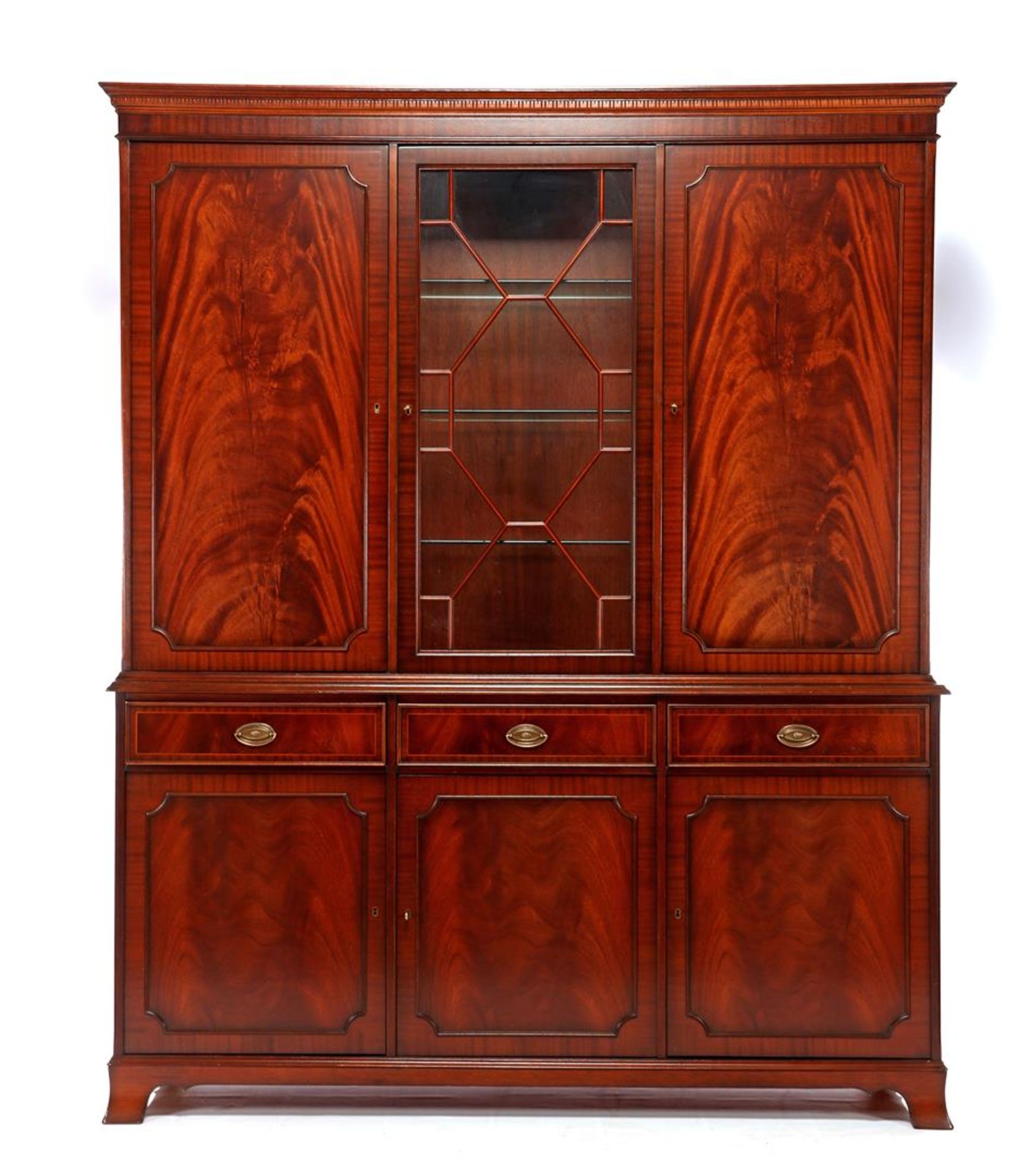 Heldense mahogany 2-part cabinet with 3-door base cabinet and 3-door top cabinet with 1 glazed
