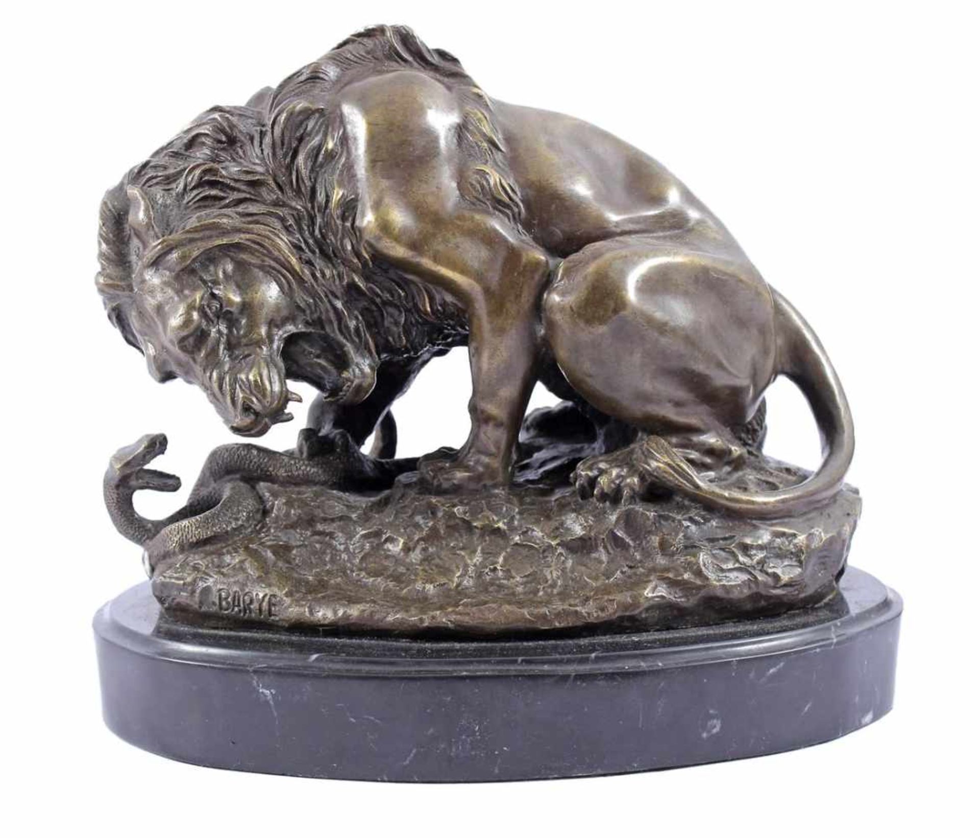 Signed Barye, bronze sculpture of a lion fighting a snake, 24 cm high