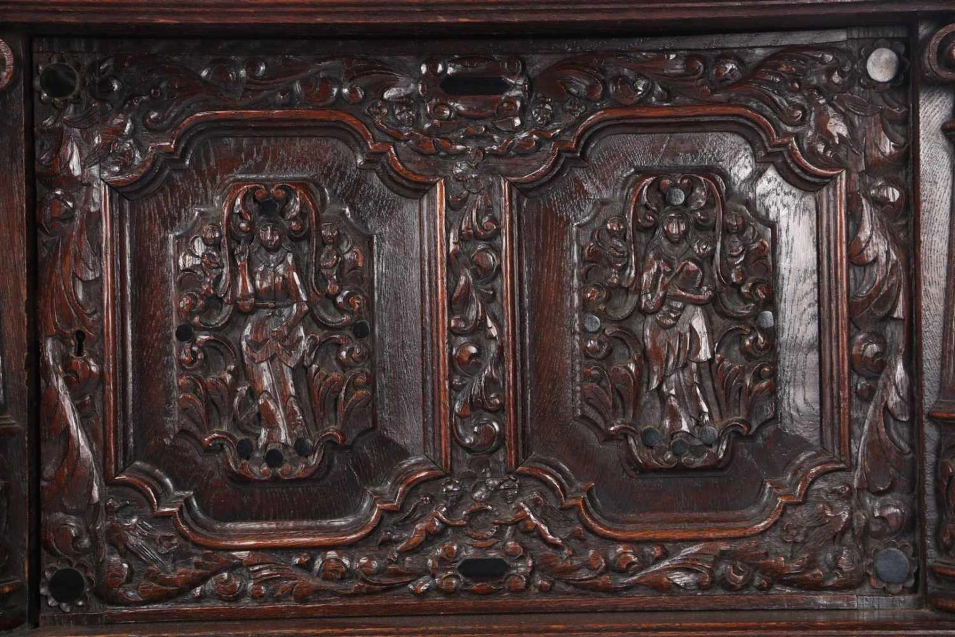 Antique oak cabinet with richly carved decor with columns, carved ornaments on the door with 2 - Image 2 of 3