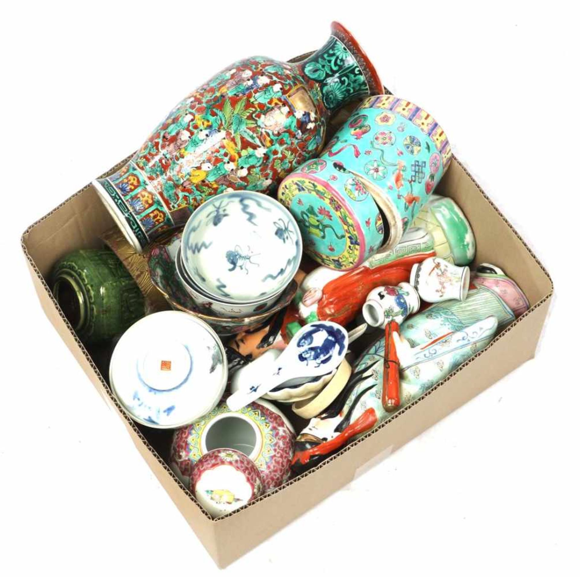 Box of various Asian porcelain, including 2 images, lidded pots and bamboo brush case