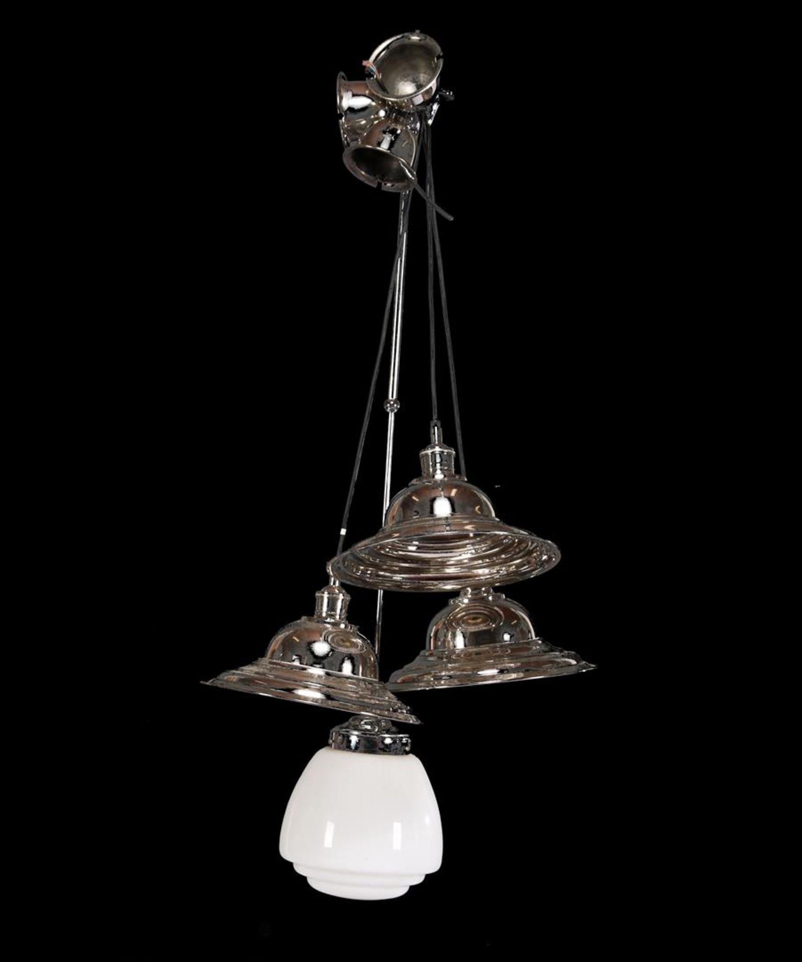 Metal Art Deco style height-adjustable pendant lamp with opaline glass shade 70 cm-109 cm high and 3