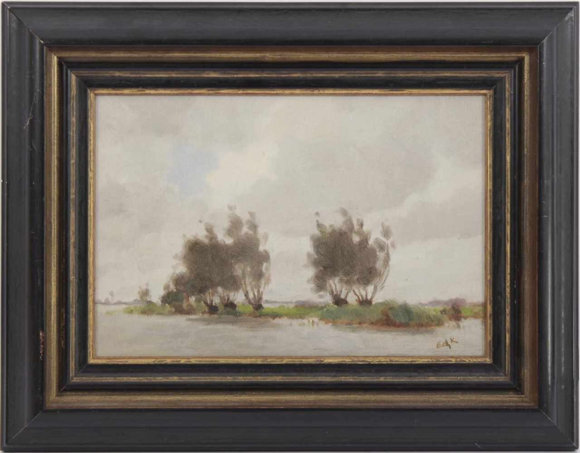 Signed Ed K, Polder landscape with willow trees, panel 20x29 cm