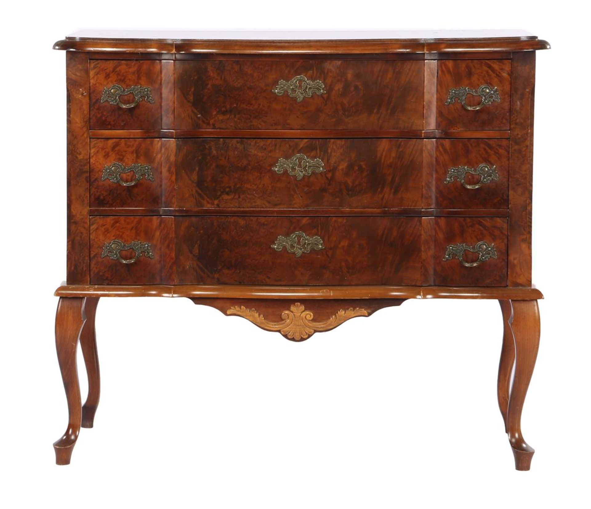 Nuts with burr walnut cabinet with 3 drawers, standing on legs, 75 cm high, 86 cm wide, 40 cm deep