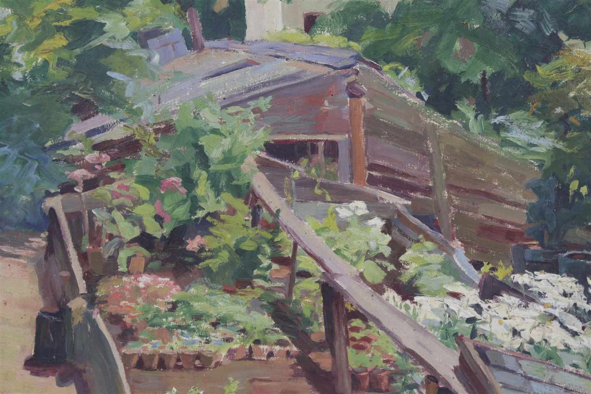 Unsigned signed, Garden with flowering plants in greenhouse, canvas 65x61 cm - Bild 2 aus 3