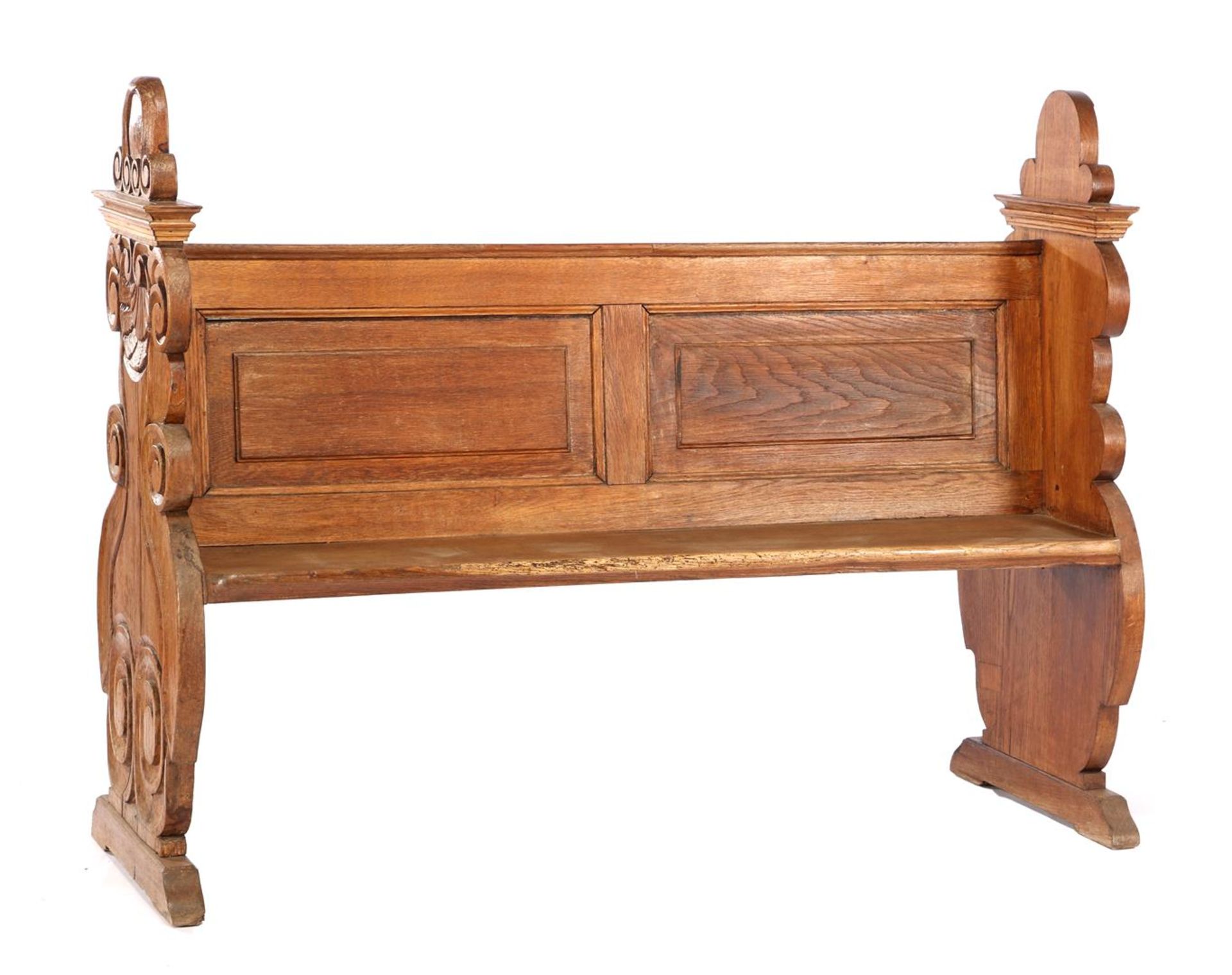 Solid oak pew with burnt sides, 111 cm high, 147 cm wide and 53 cm deep