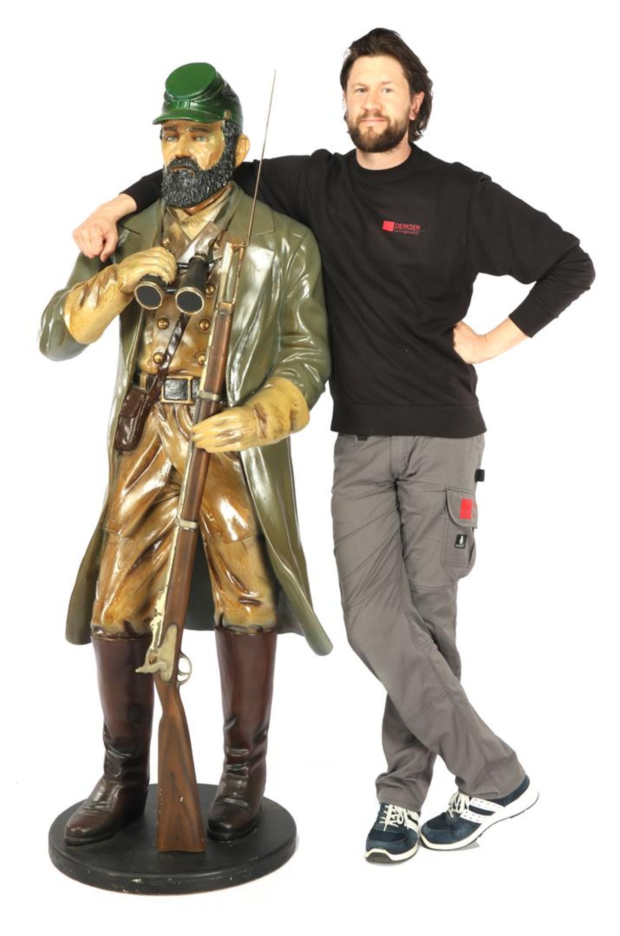 Plastic polychrome colored statue of a soldier with rifle and binoculars 184 cm high