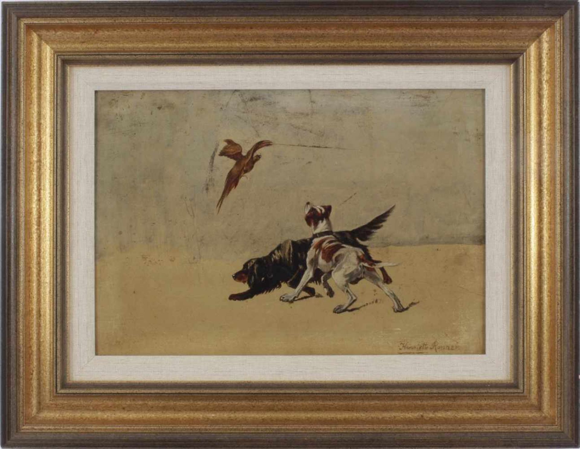 With signature Ronner, Henriette, 2 dogs and pheasant, panel 24x34 cm