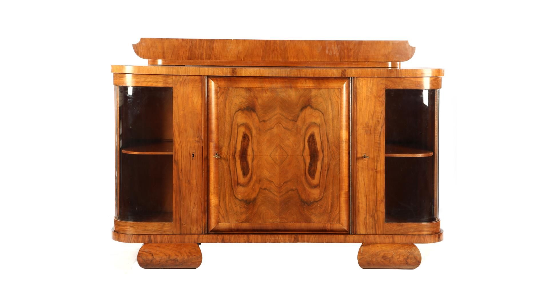 Art Deco walnut veneer sideboard with upstand, 107 cm high, 161 cm wide, 55 cm deep