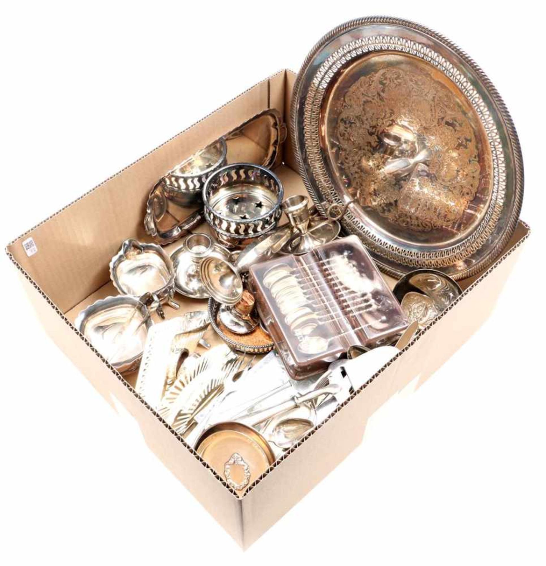 Box with various silver plated, including a bowl, cream set, bottle tray, table candlesticks and