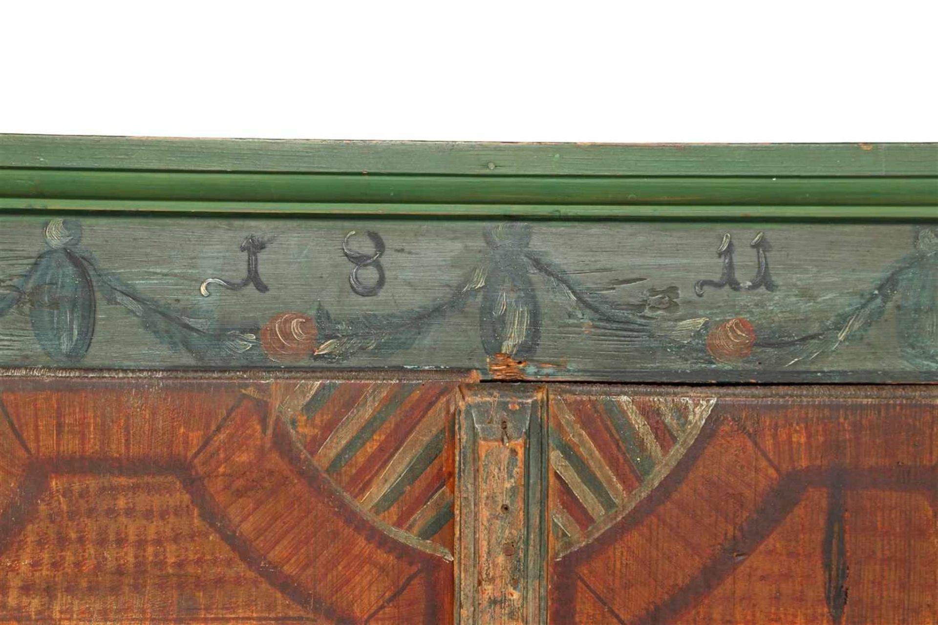 Pine painted 2-door cabinet with beveled corners, dated 1811, standing on ball feet 176.5 cm high, - Image 5 of 6