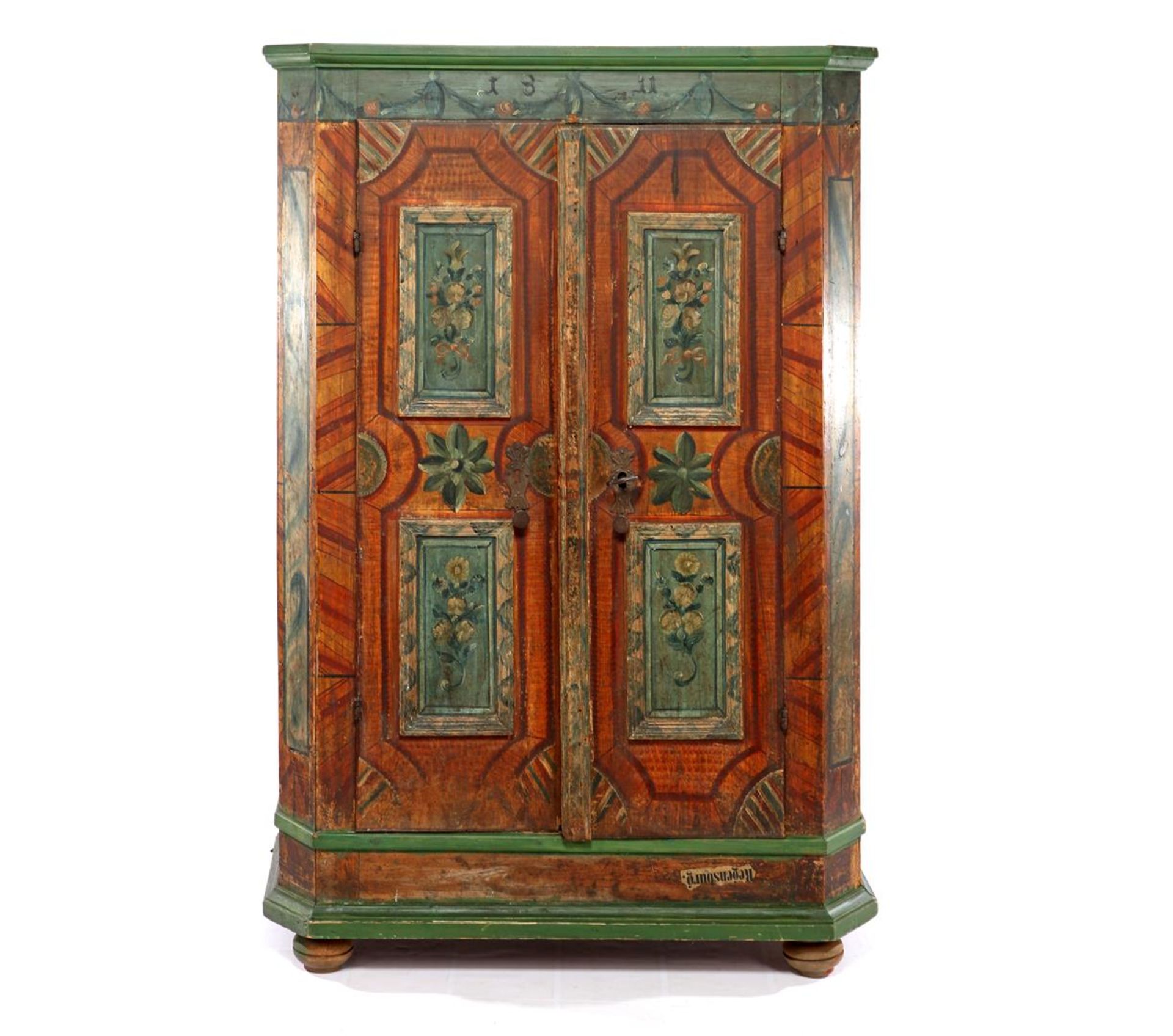 Pine painted 2-door cabinet with beveled corners, dated 1811, standing on ball feet 176.5 cm high,