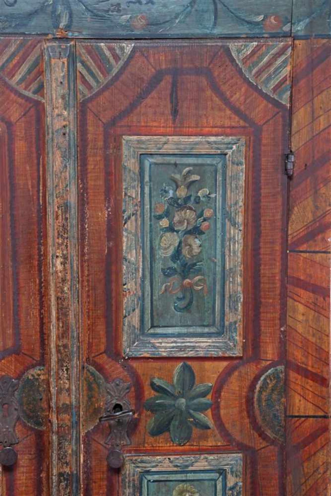 Pine painted 2-door cabinet with beveled corners, dated 1811, standing on ball feet 176.5 cm high, - Image 2 of 6