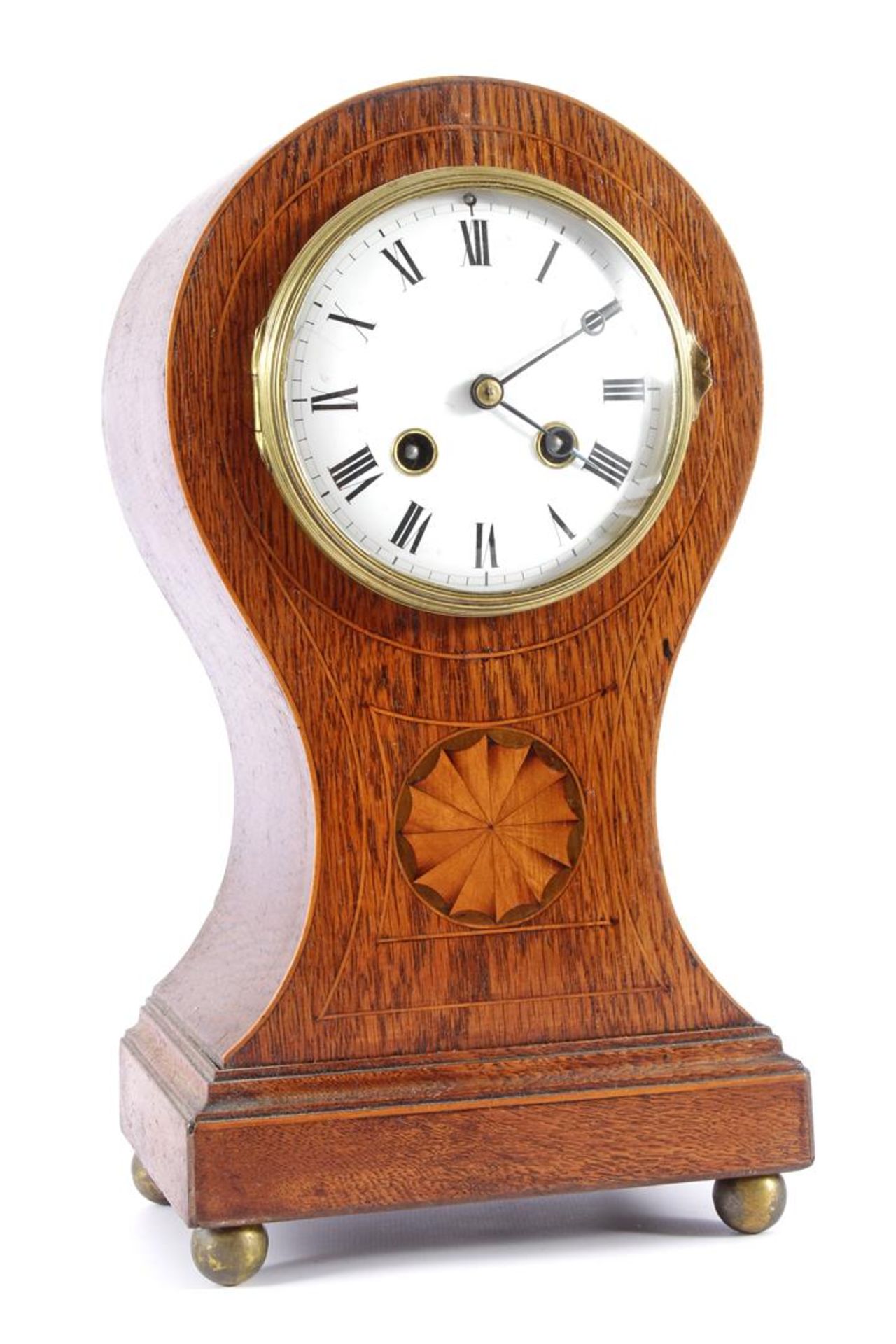 French balloon clock in oak case with intarsia pattern on the front, movement marked Japy Freres