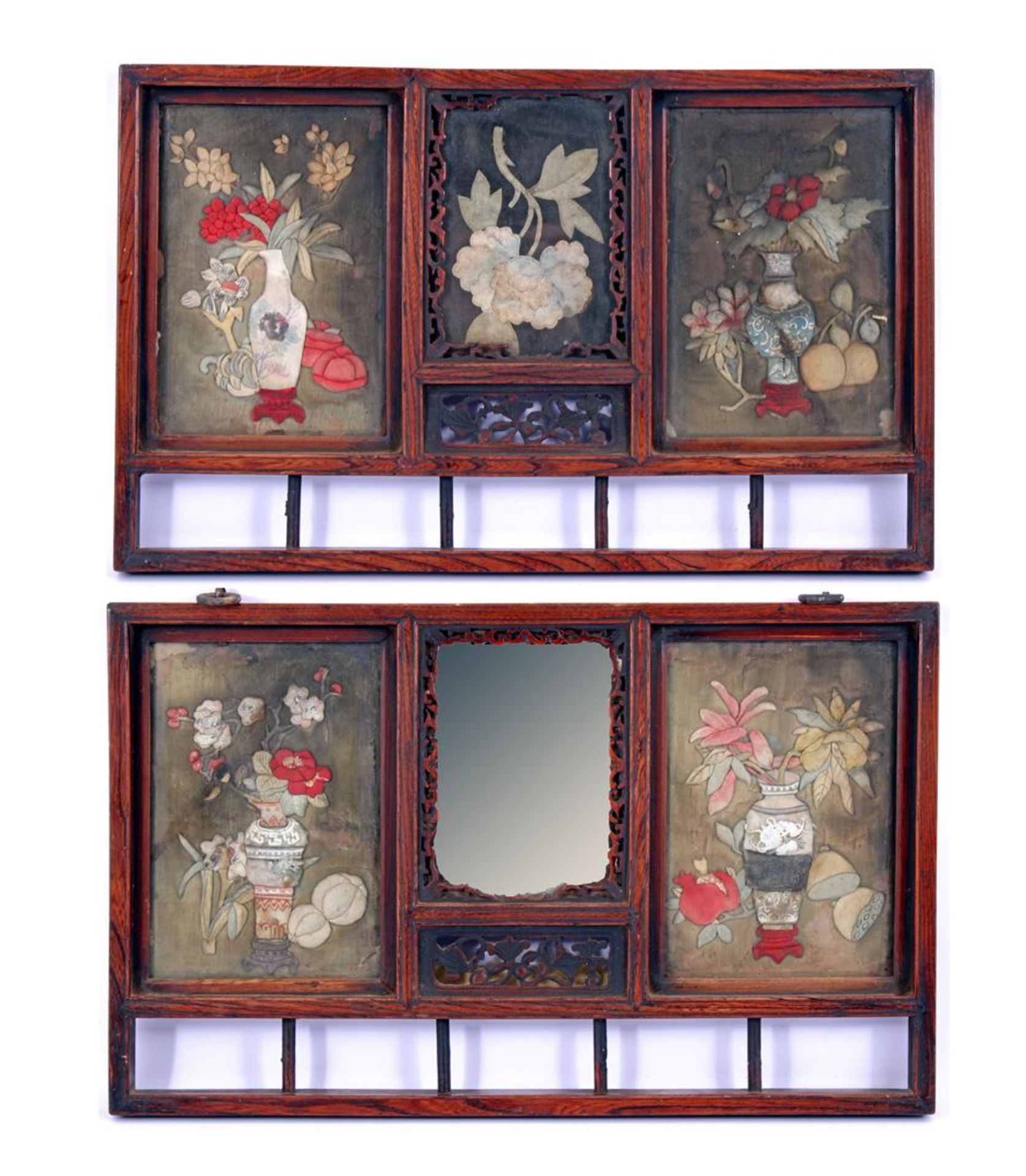 2 Beautiful Oriental panels with mirror and textile, each 31x50 cm