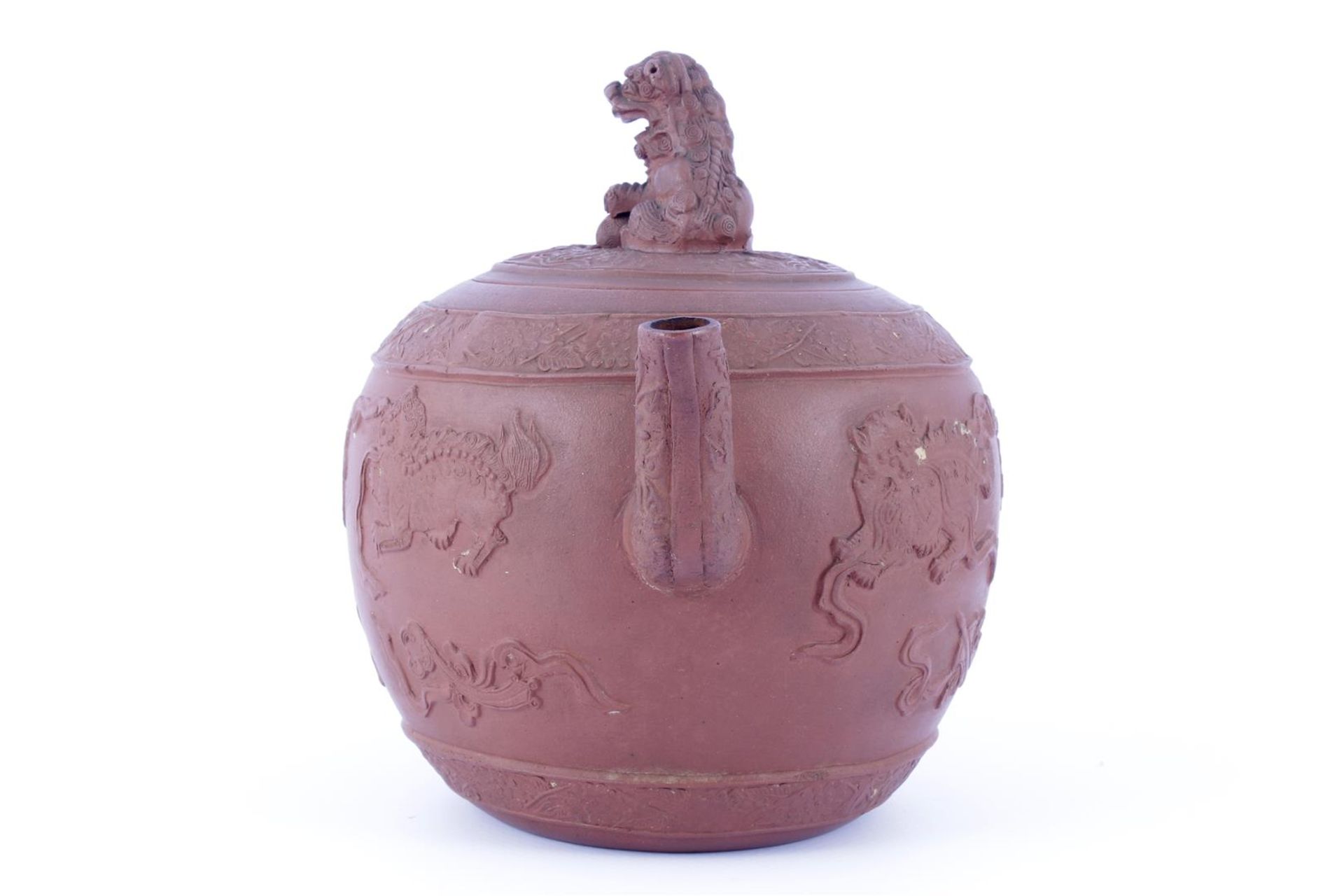 Yixing teapot with beautiful relief decor on the pouring spout, ear and around the pot. Cover - Bild 3 aus 18