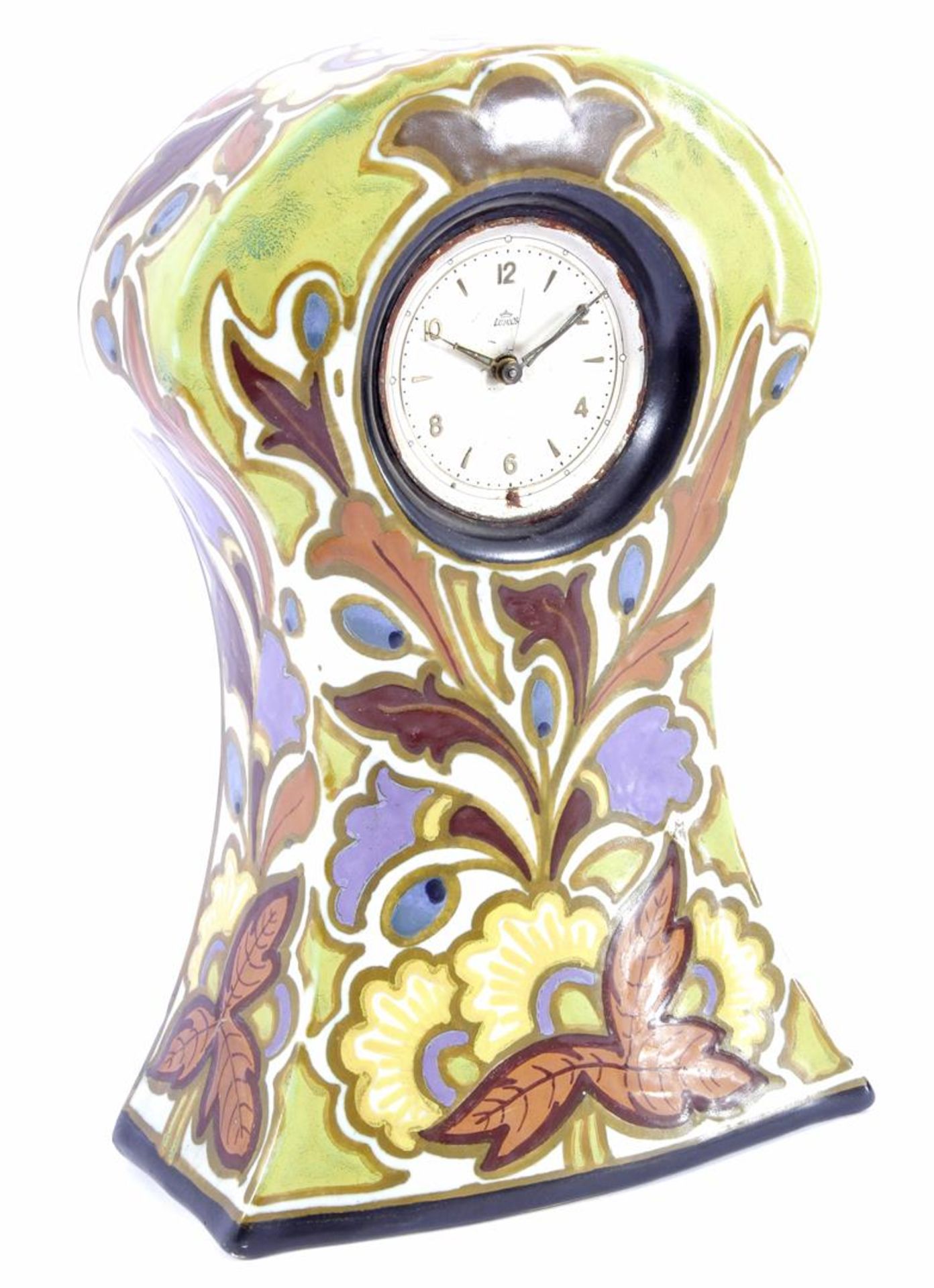 Zuid Holland Gouda pottery table clock with decor Dolce Iris, 24 cm high, 15 cm wide (chips on the