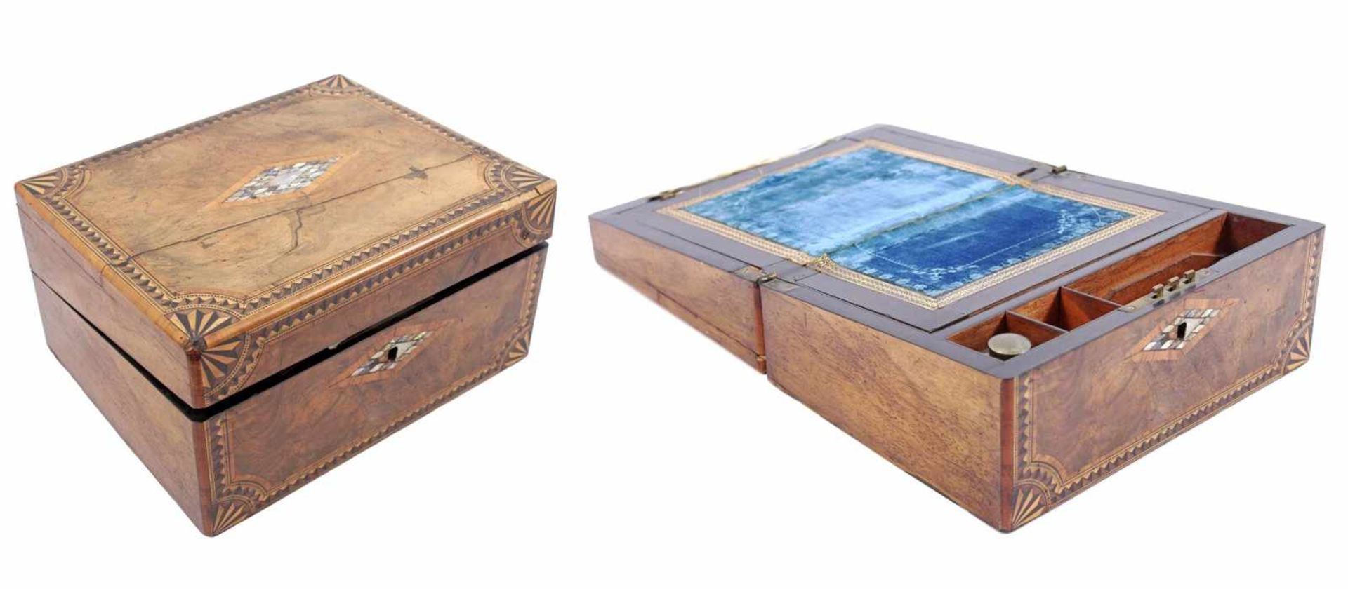 Walnut veneer with mahogany writing box with intarsia of different woods and mother-of-pearl 15.5 cm