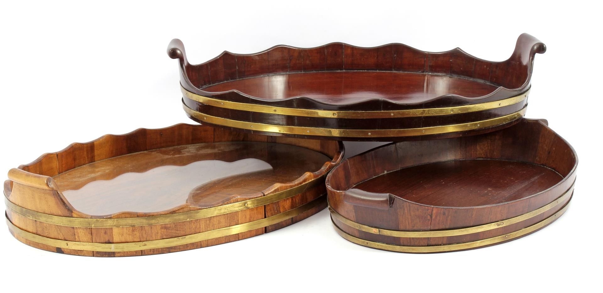 2 antique oval mahogany trays with copper bands 49x30 cm and 57x39 cm and oval walnut tray with