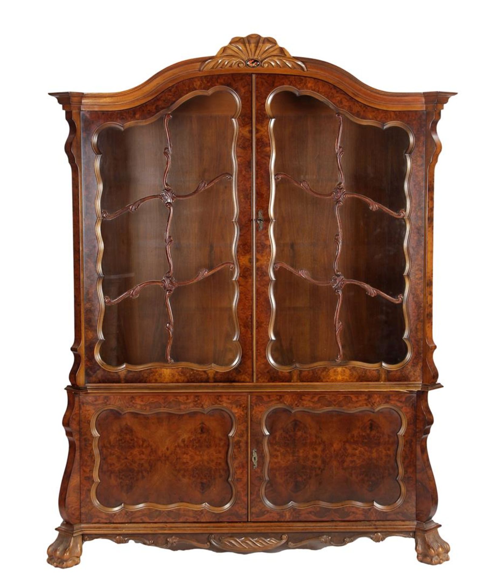 Walnut and burr walnut veneer 2-piece display cabinet with contoured hood rail with rocaille