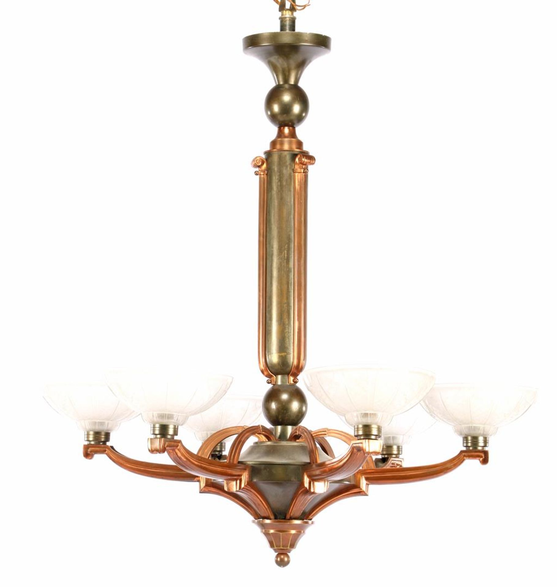 Copper Art Deco 6-light hanging lamp with pressed glass shades and lamps with bayonet closure 94