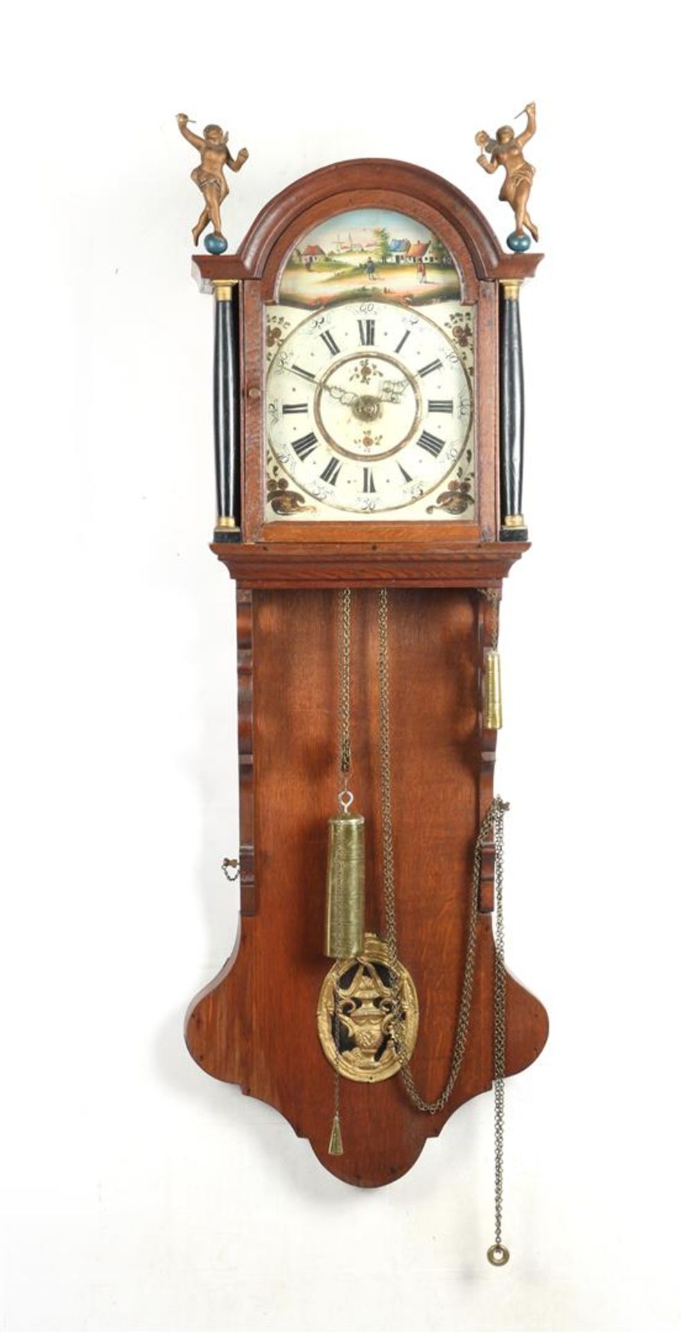 Frisian tail clock with painted dial and 2 blackened half-full columns, early 19th century 128 cm