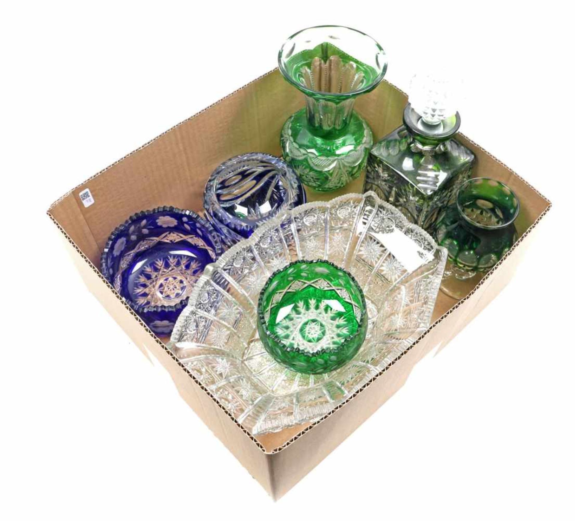 Box with most colored crystal carafe, vases, bowls and oval dish