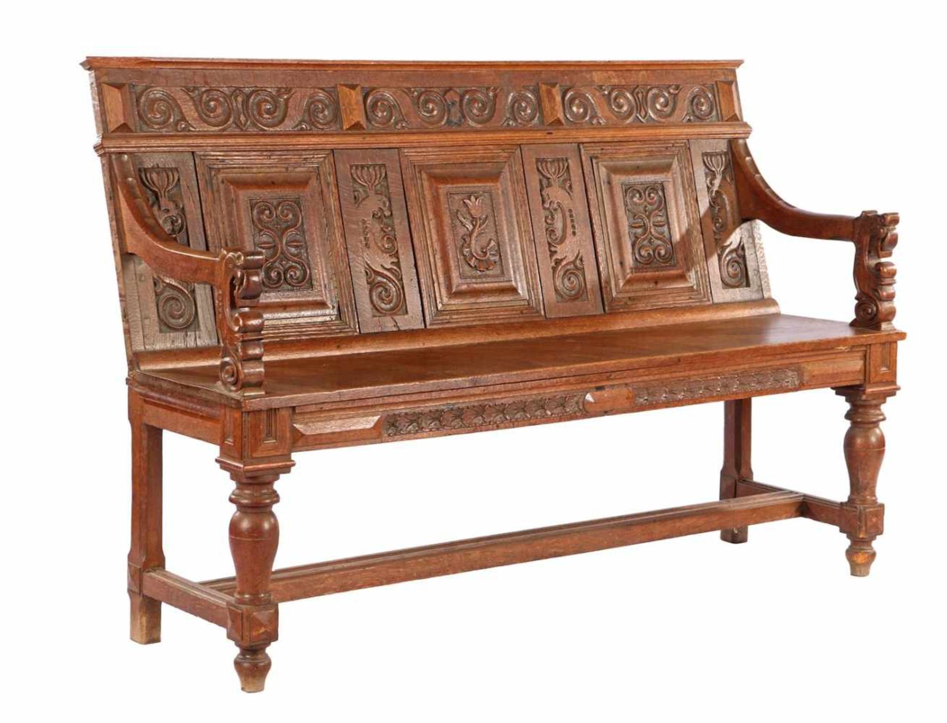 Oak hall bench with rich stitching and control connection, & nbsp; early 19th century & nbsp; 101 cm