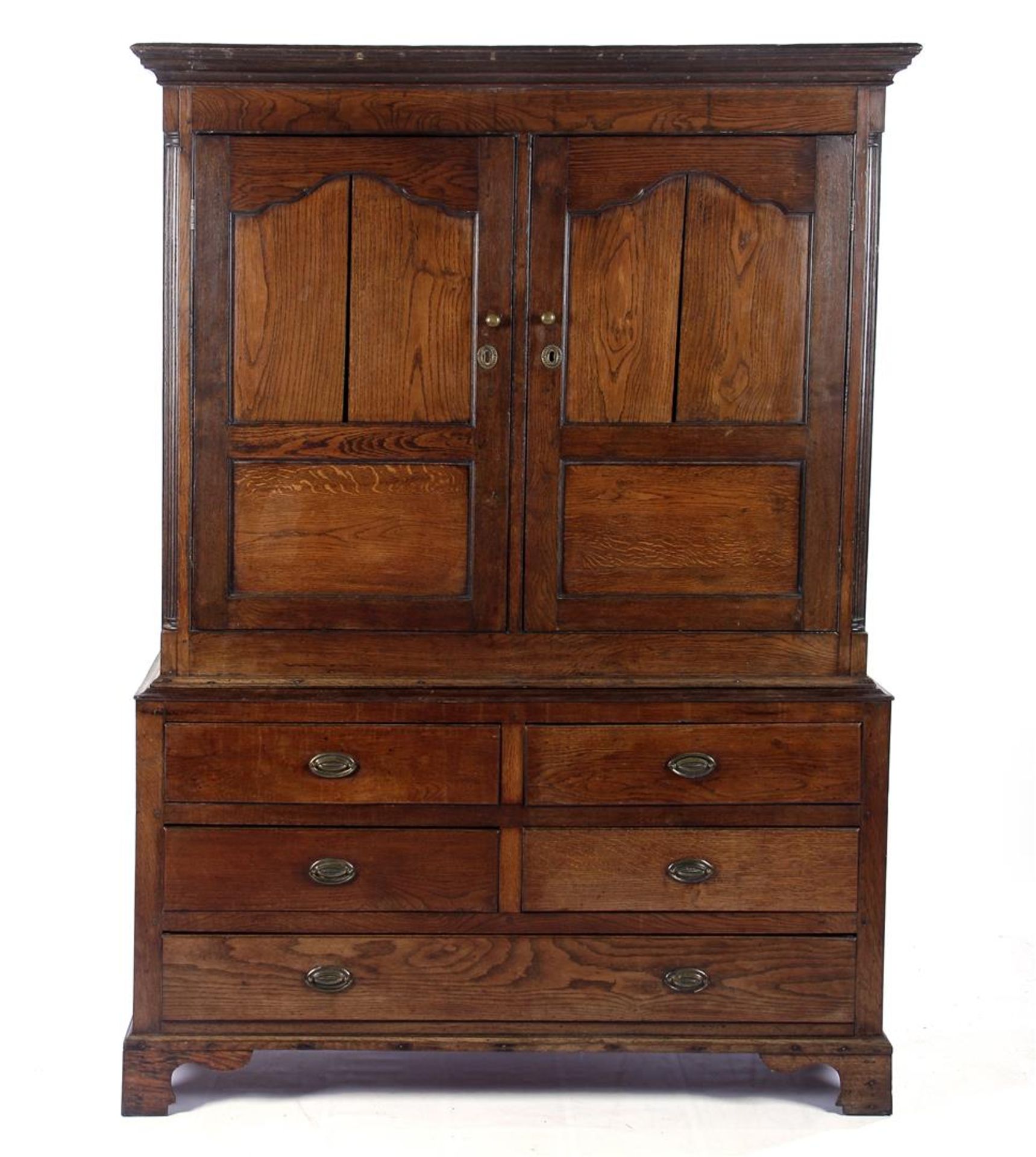 Oak 2-part cabinet with 2 doors in top cabinet and 5 drawers in base cabinet 194.5 cm high, 129 cm