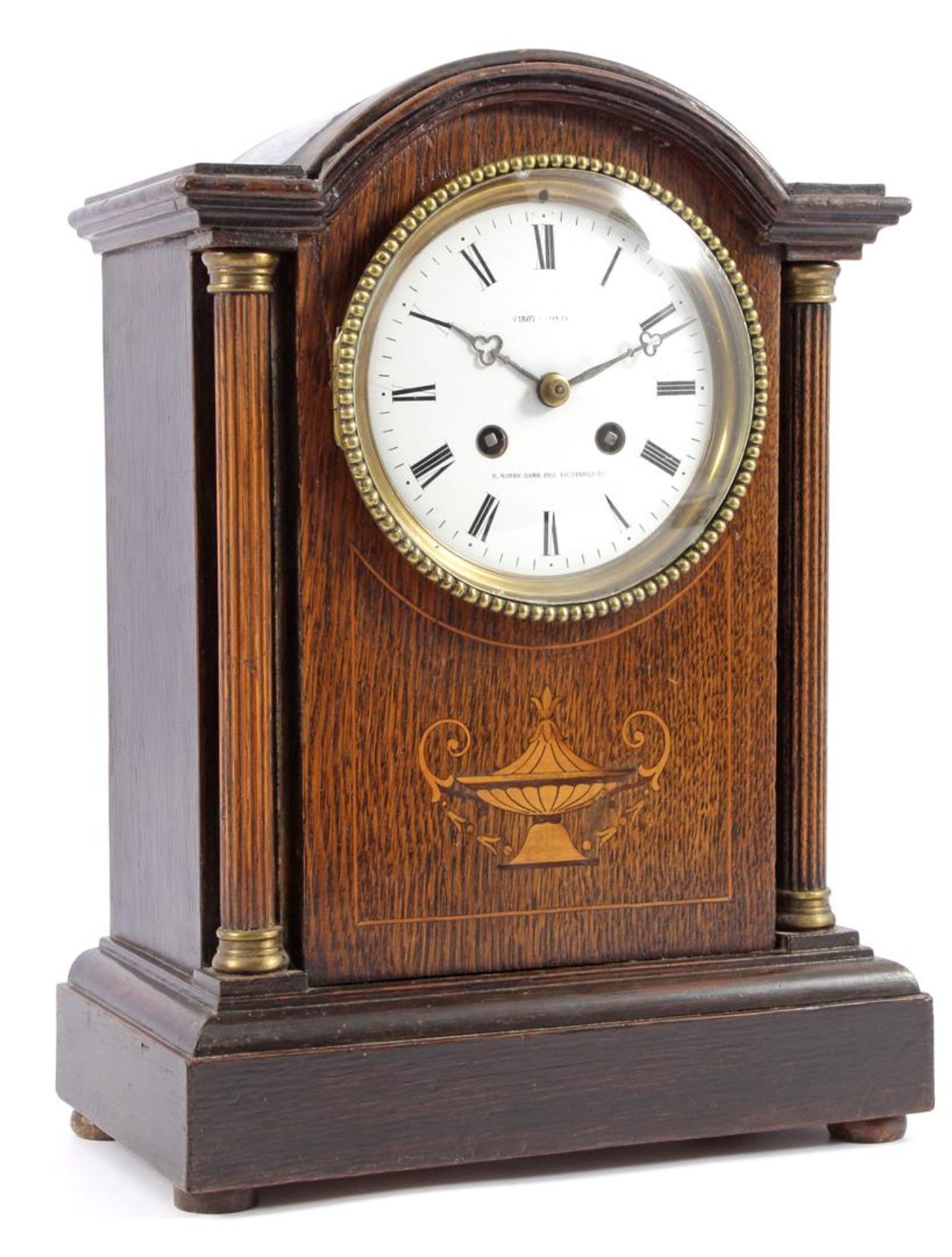 French table clock in oak case with intarsia on the front and full columns, movement marked Marti