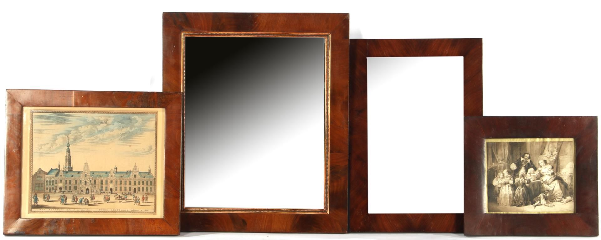 2 19th century mirrors in mahogany veneer frames, 56x48 cm and 50x34 cm, color lithograph by the