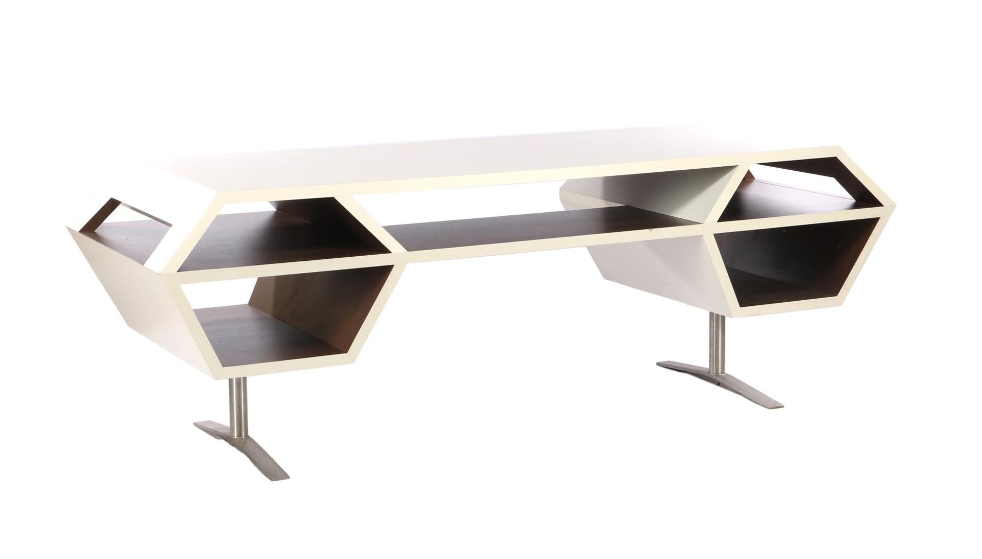 White / brown wooden modern design desk on metal legs, in Space Age style, made as a graduation