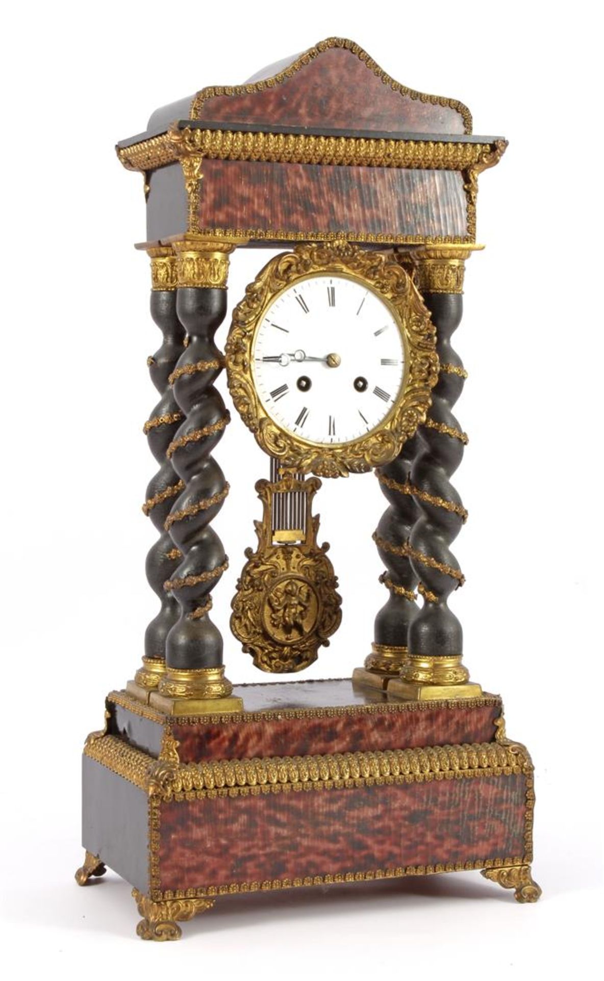 Empire style column mantel clock with rich copper decoration, twisted columns, front decorated