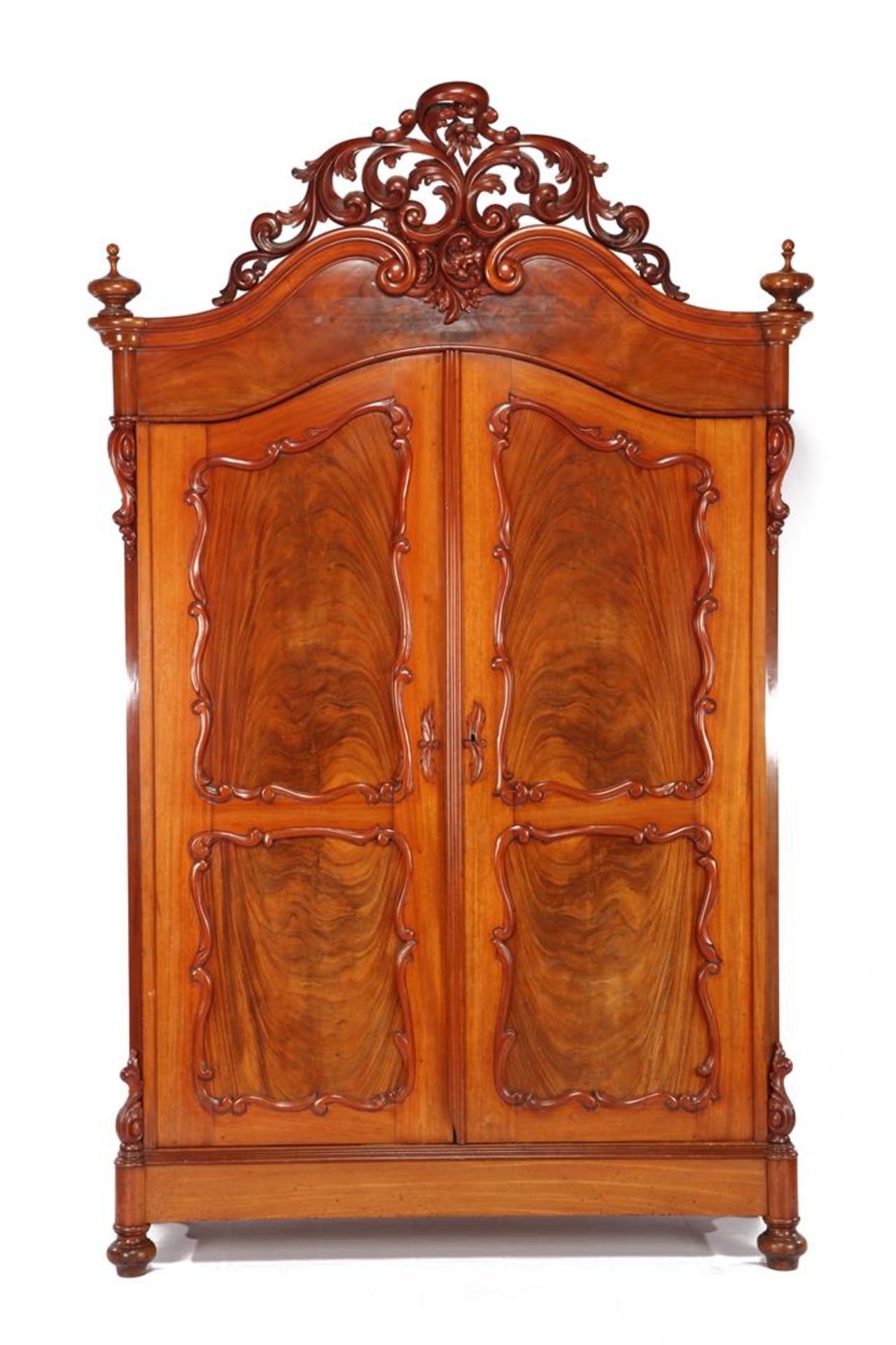 Mahogany Biedermeier 2-door cabinet with elegant mesh and crest 247 cm high, 156 cm wide, 73 cm deep