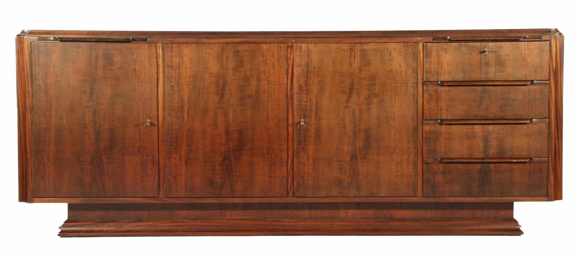 Mahogany veneer sideboard with 3 doors, 4 drawers and 2 pull-out shelves 88 cm high, 231 cm wide,