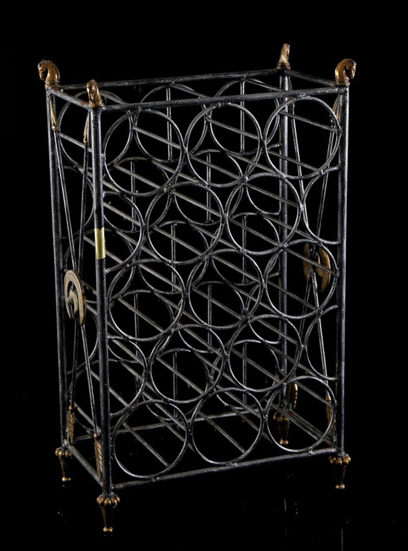 Metal wine rack with horse heads, space for 13 bottles, Paul Maitland Smith, 63.5 cm high, 39 cm