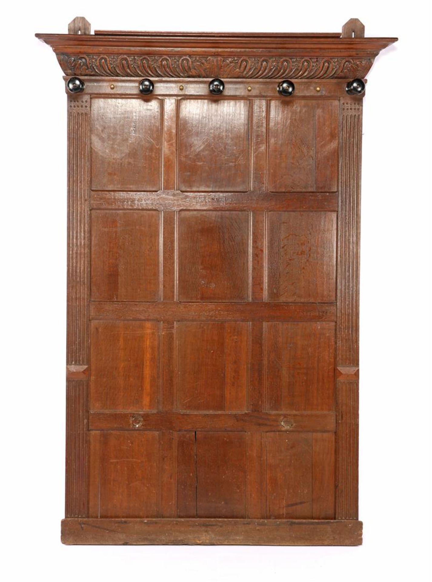 Oak coat rack with 5 wooden hooks, part of a paneling, 198 cm high, 139 cm wide