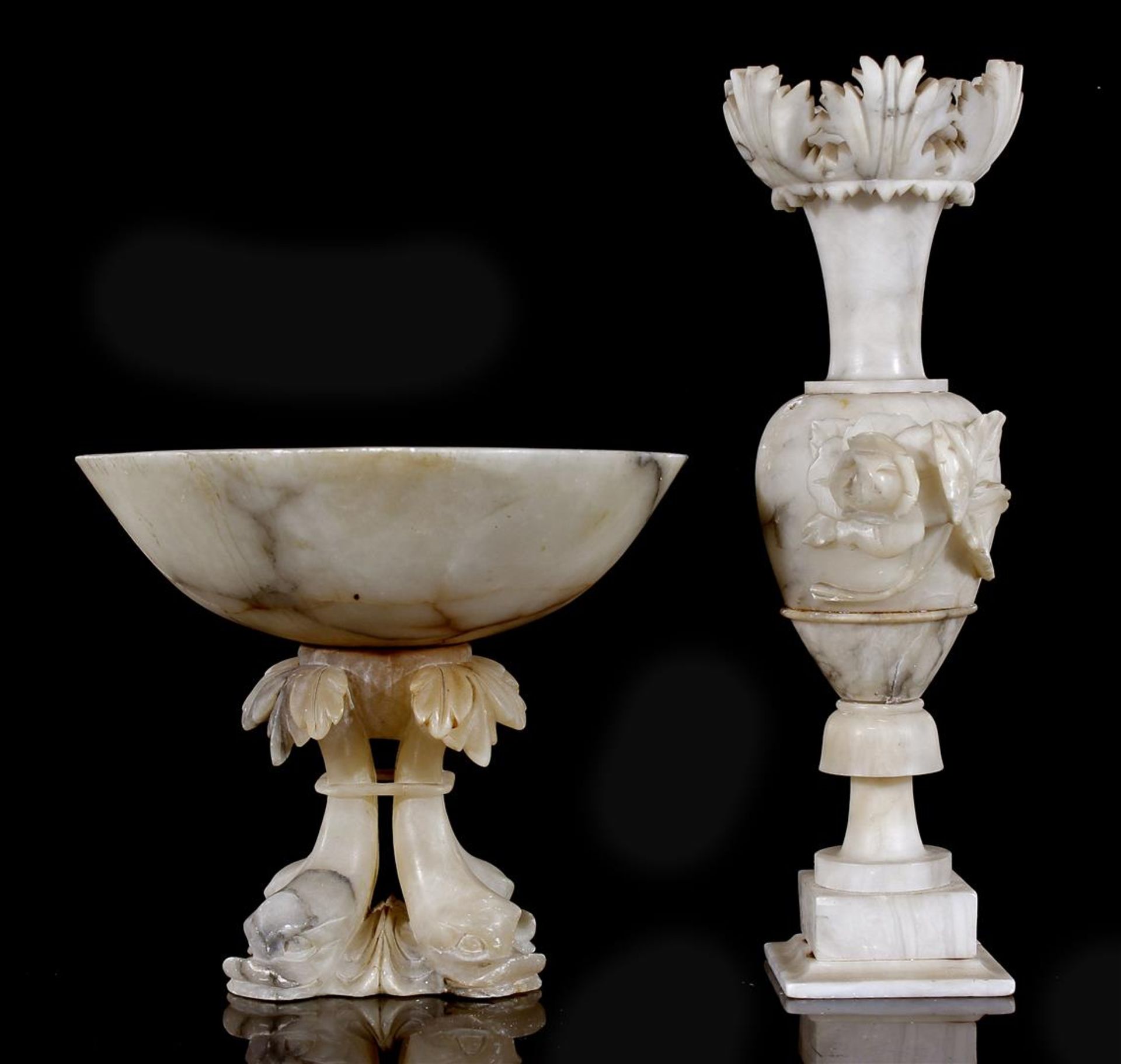 Alabaster decorative vase, once transformed into a lamp base, 39 cm high and an ornamental vase with