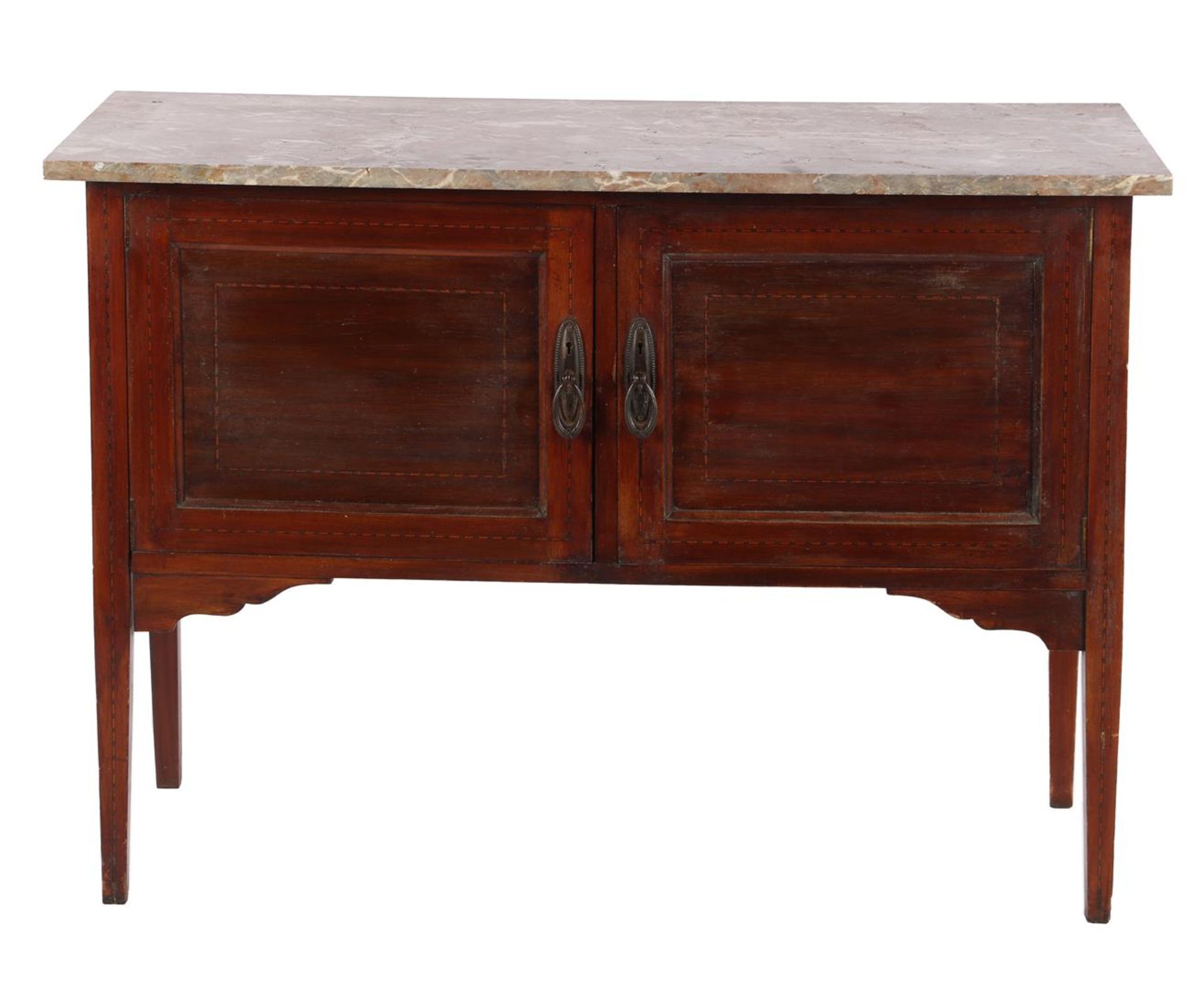 Walnut English 2-door washbasin with intarsia trim and marble top 75.5 cm high, top size 107x48.5