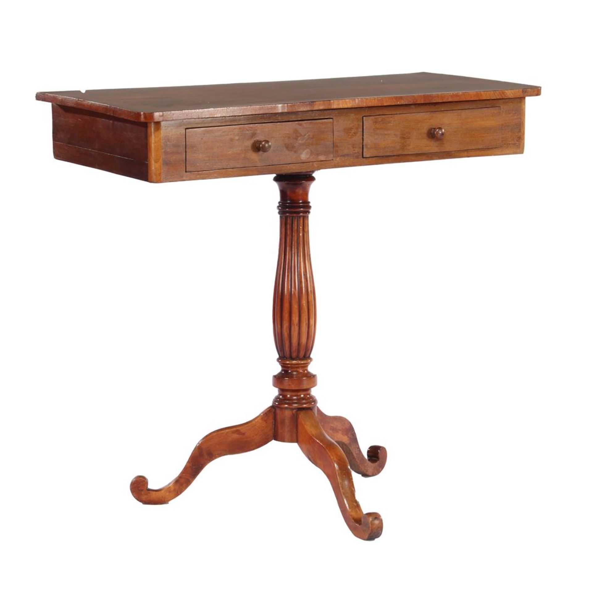 Walnut veneer 2-loading wall table stands on a fluted column with three-prong, 75 cm high and top