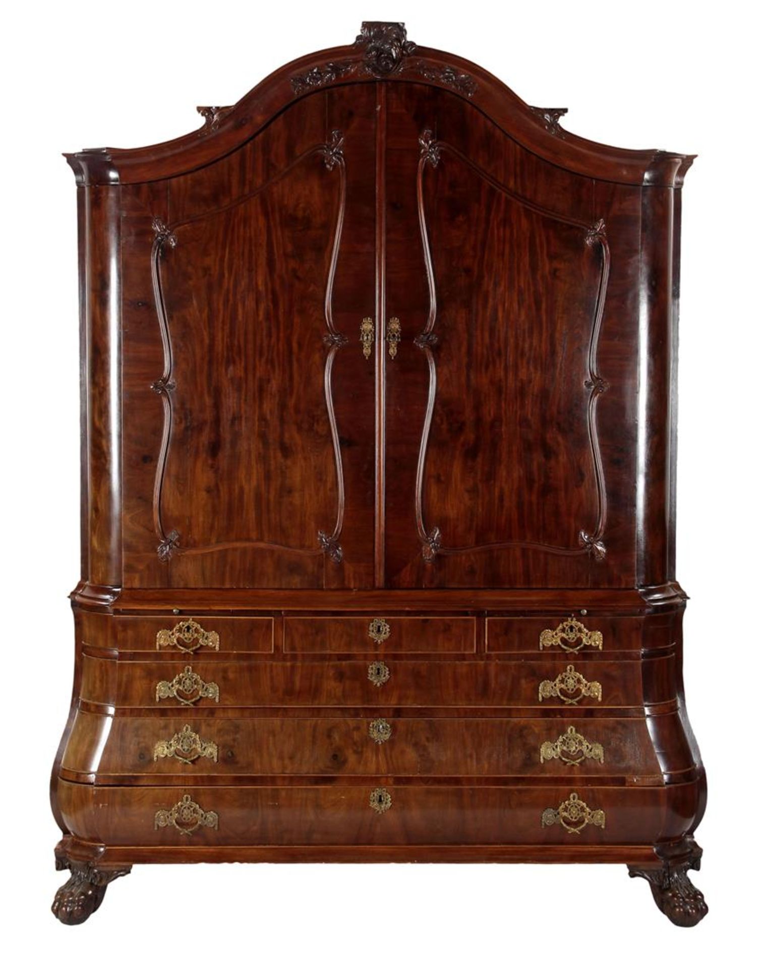 18th century mahogany veneer on oak Dutch Louis XV cabinet with ascending hood, panel work and panel