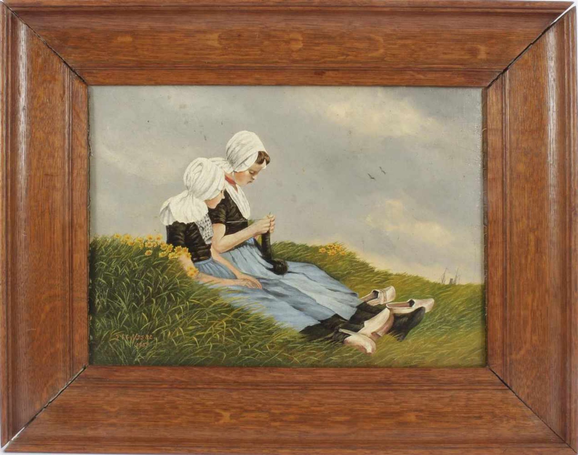 Signed JCL IJssel, Hand-working girls in grass, maroufle 24x33 cm