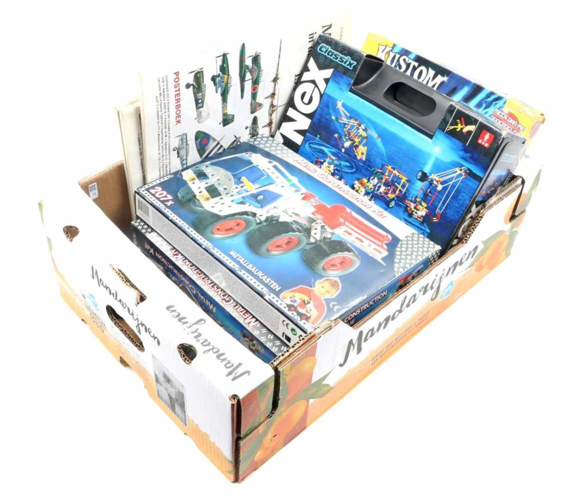 Box with construction toys including KNex and Kustom, 3 poster books about military planes in