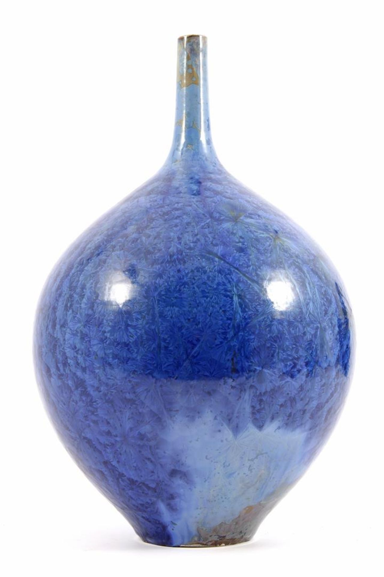 Monogram FT or FR, ceramic vase with blue crystal glaze 38 cm high, 24 cm diameter