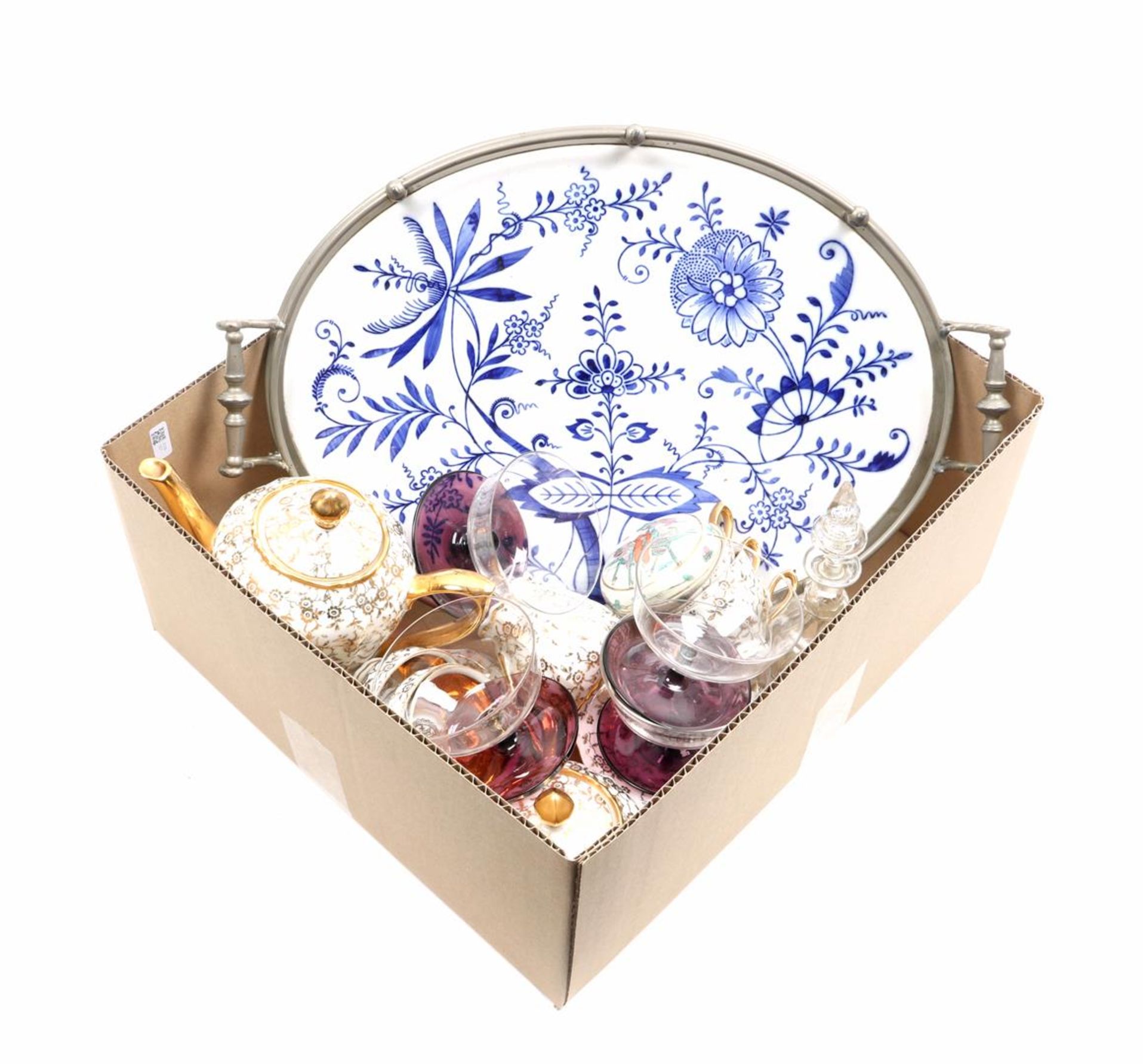 Box with oval earthenware tray with swirl mustard decor, mounted in pewter frame 46x30 cm,