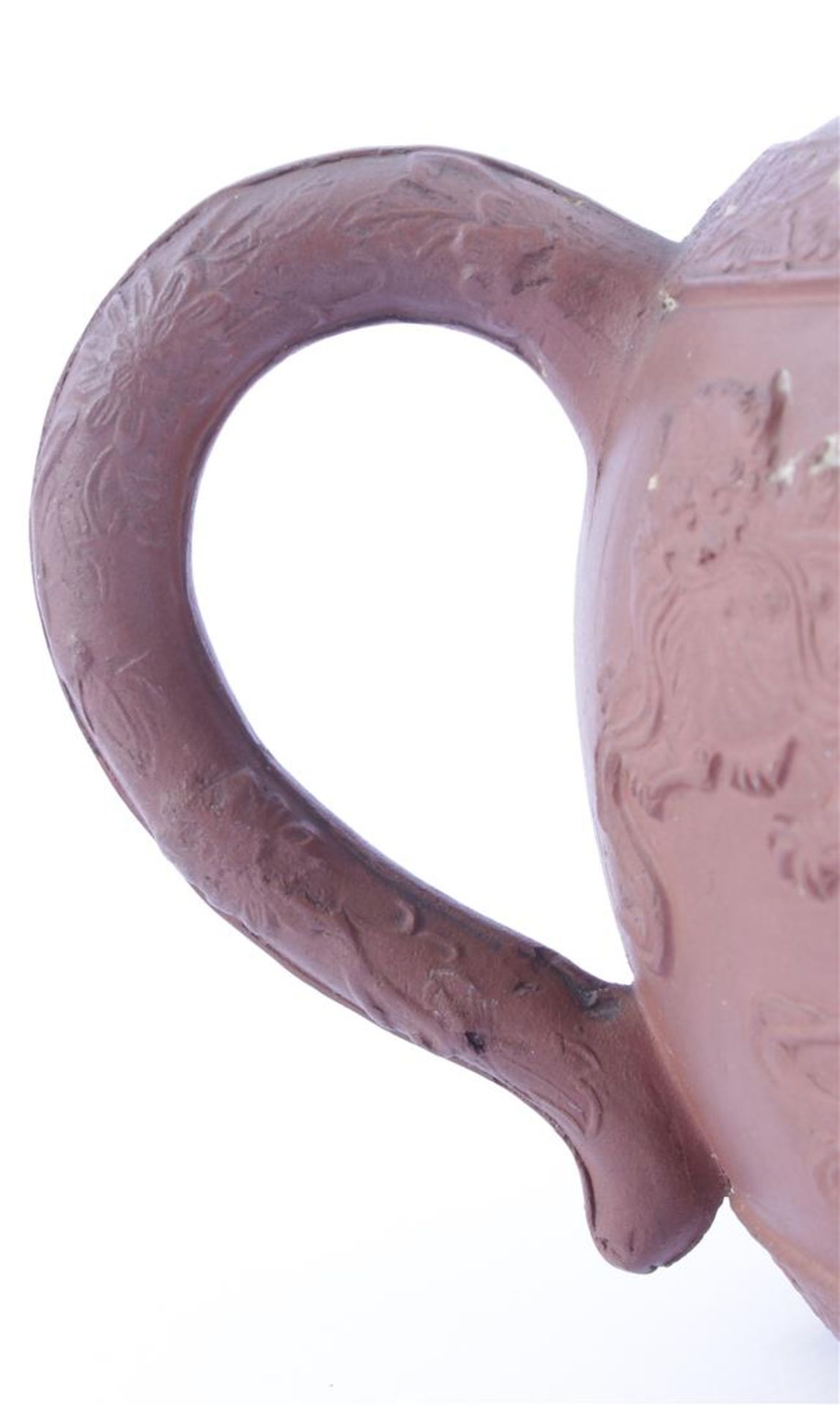 Yixing teapot with beautiful relief decor on the pouring spout, ear and around the pot. Cover - Bild 11 aus 18