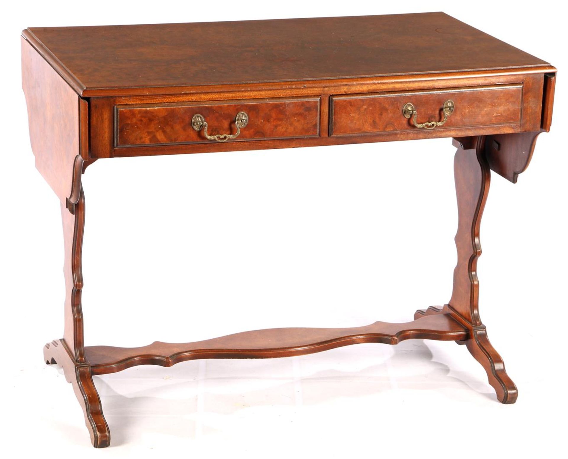 Walnut veneer writing table with 2 drawers, 74 cm high, 96x59 cm with a folding leaf of 26 cm each