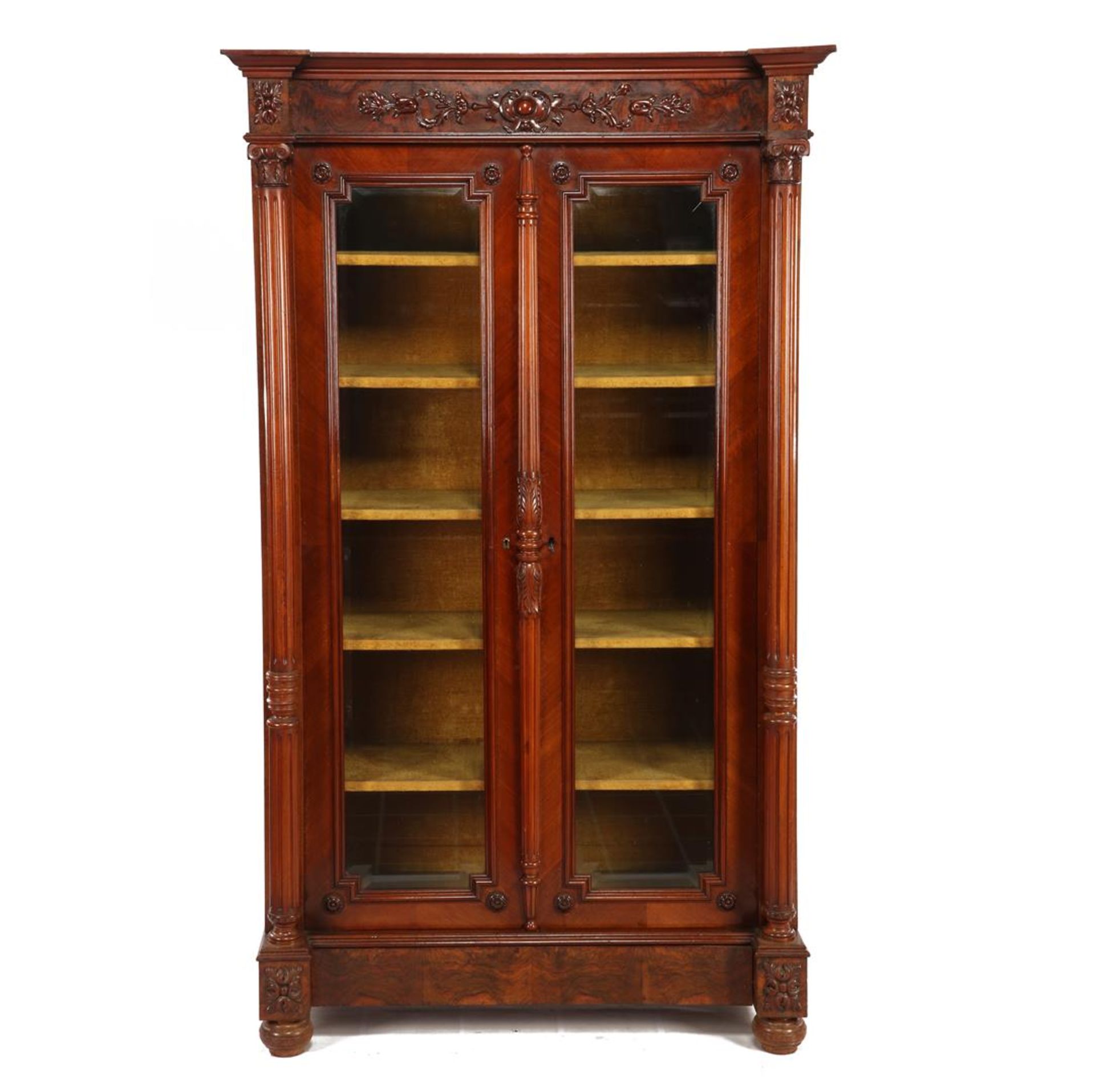 Walnut 2-door display cabinet with drawer, full columns, ornaments, facet cut glass in doors and