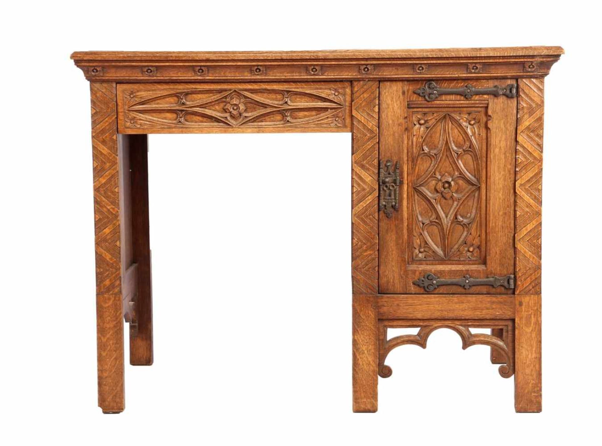 Oak desk with letter panels, rosettes and stitching after a Gothic example, 75 cm high and top